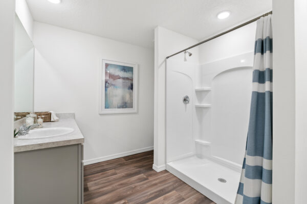 The blue and white themed master bath of the Sylvester floorplan in the Value collection by Holiday Builders.