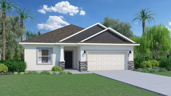 The 3 bedroom, 2 bath Biscayne floorplan with stone trim from the Cornerstone Collection by Holiday Builders.