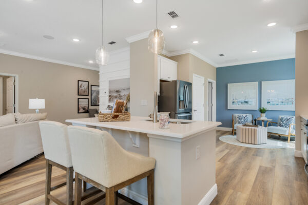 The kitchen island in the Biscayne floorplan from the Cornerstone collection by Holiday Builders.