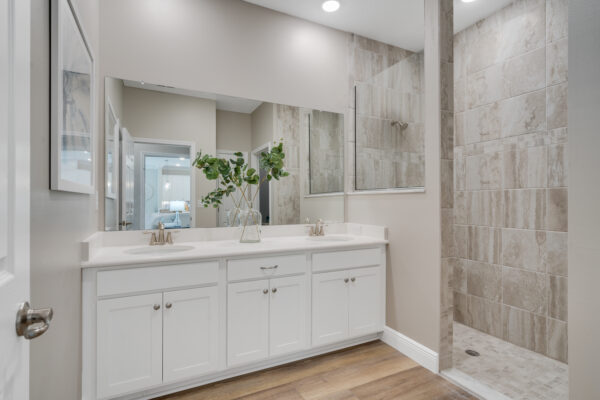 The master bath of the Biscayne floorplan from the Cornerstone collection by Holiday Builders.