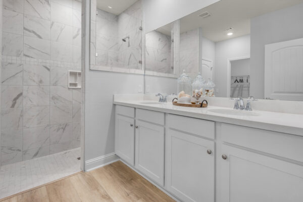 The master bath in the Carlton floorplan from the Cornerstone collection by Holiday Builders.