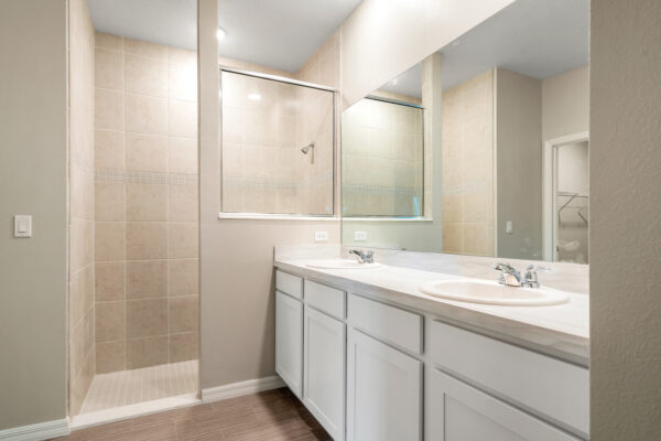 The master bath in the Delray floorplan from the Cornerstone collection by Holiday Builders.