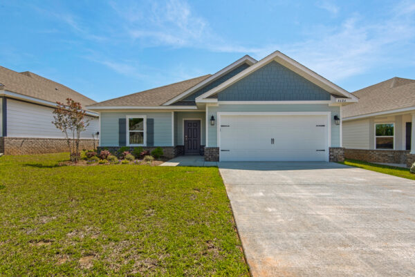 The exterior of the Denham floorplan of the Cornerstone collection by Holiday Builders.