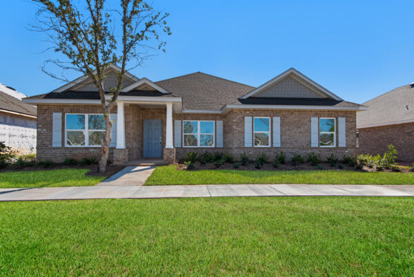 The exterior of the Dora floorplan from the Cornerstone collection by Holiday Builders.