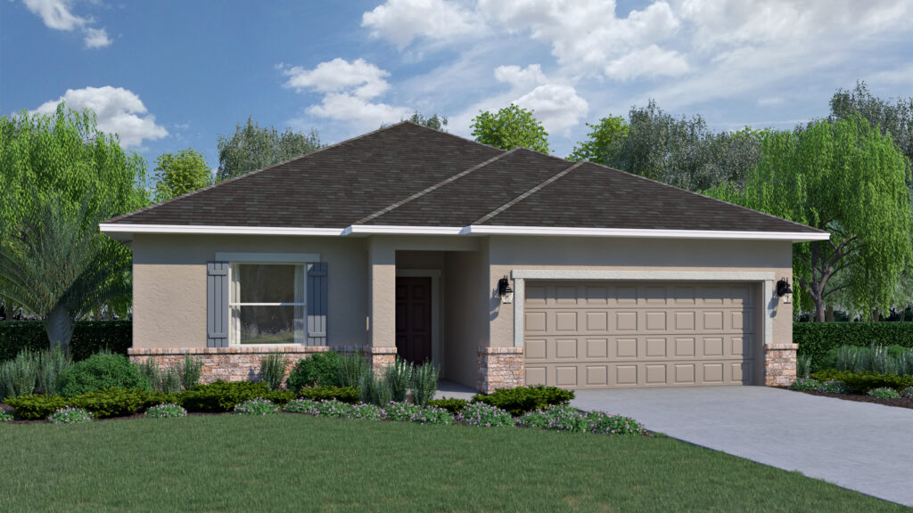 The Jupiter A with stone from our Cornerstone Collection by Holiday Builders