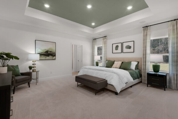 The master bedroom in the Navarre floorplan from the Cornerstone collection by Holiday Builders.