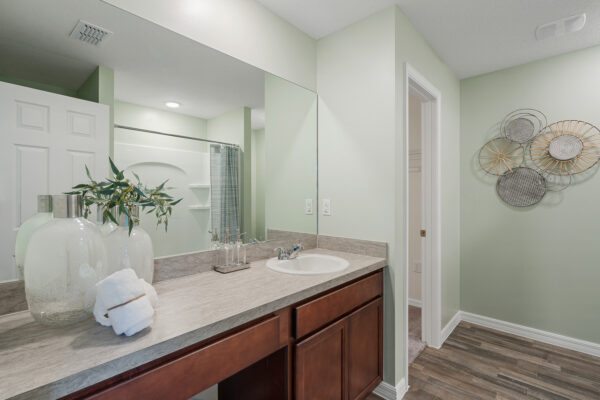 The master bath in the Royal floorplan from the Value collection by Holiday Builders.