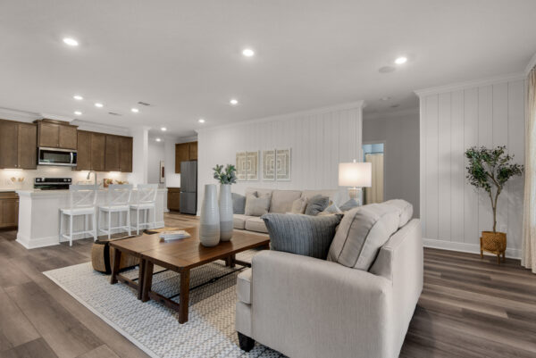 The living and kitchen areas in the Santa Rosa floorplan from the Cornerstone collection by Holiday Builders.
