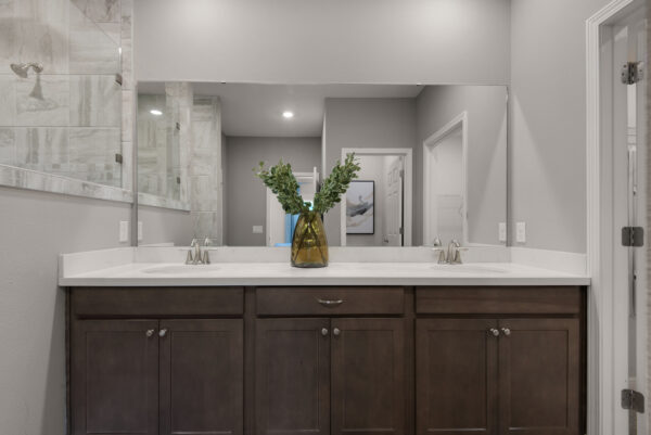 The master bath in the Santa Rosa floorplan from the Cornerstone collection by Holiday Builders.