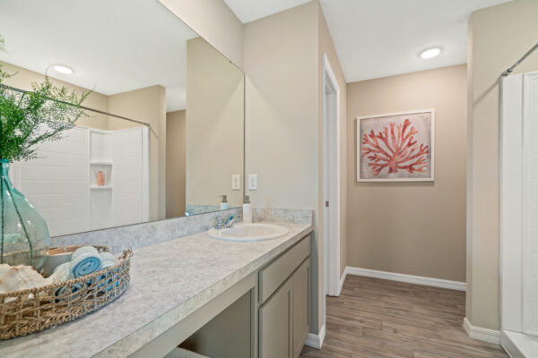 The master bath in the Sylvester floorplan from the Value collection by Holiday Builders.