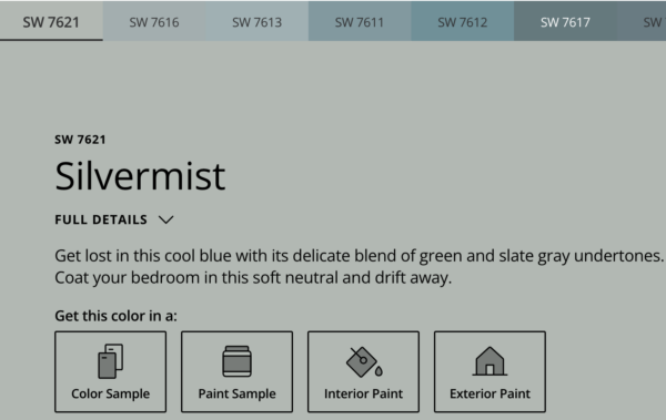 A paint swatch featuring Silvermist, a calming green/blue