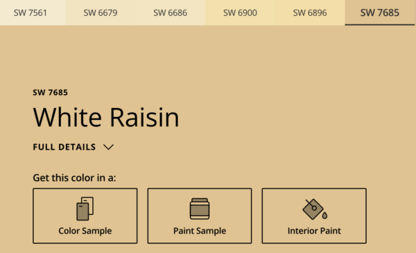 A paint swatch featuring White Raisen, a warm yellow.